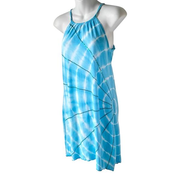 Tie Dye Summer Dress Womens S Teal White Sequins Tie Back Boho Colorful Festival - Picture 1 of 14